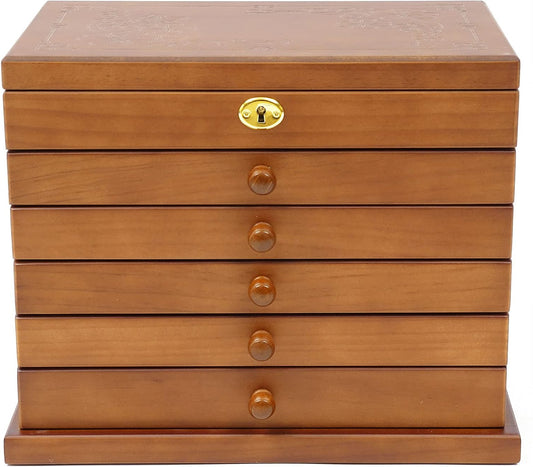 OUKANING 6 Layers Jewelry Box Wood Vintage Jewelry Box with Drawers, High Quality Hinges and Refined Handles, Freestanding Jewelry Box, Gift (Brown, With Mirror+Key Lock) - QUORE