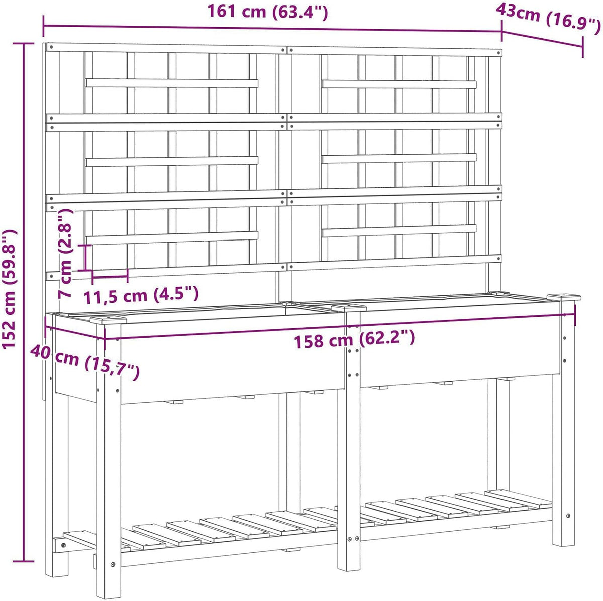 Garden Pot with Planks and Shelf Made of Solid Pine Wood, 161 x 43 x 152 cm, Rectangular Planter, Large for Indoor and Outdoor Use, Beige, Modern Design - QUORE