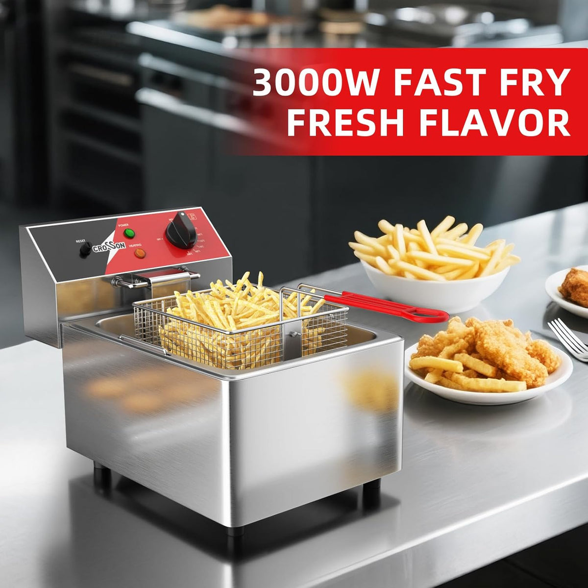 CROSSON Elektrische Friteuse 6L,230V/3000W Elektrische Friteuse met Mand en Deksel,Temperatuurregeling 80-200°C,voor Restaurantkeuken