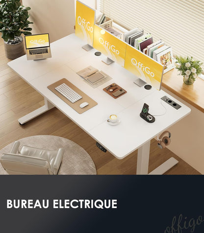 OffiGo Bureau Assis-Debout, 160 cm Elektrisch Bureau met Stopcontacten en USB, Standing Desk met 2 Geheugenstanden, Elektrische Tafel voor Thuis, Wit