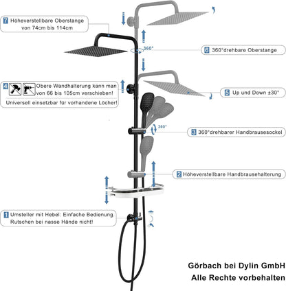 Douchesysteem – Regendouche – Douchezuil – Doucheset – Douchekolom – Mat Zwart Roestvrij Staal – XXL Regendouchekop 30x30 cm – Verstelbare Hoogte 74-114 cm
