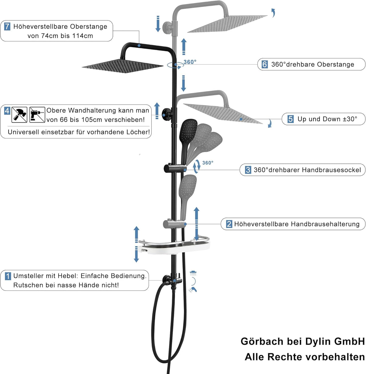 Douchesysteem – Doucheset – Regendouche – Douchezuil – Douchestang – Mat Zwart – Verstelbare Hoogte 74-114 cm – XXL Doucheplank Inclusief