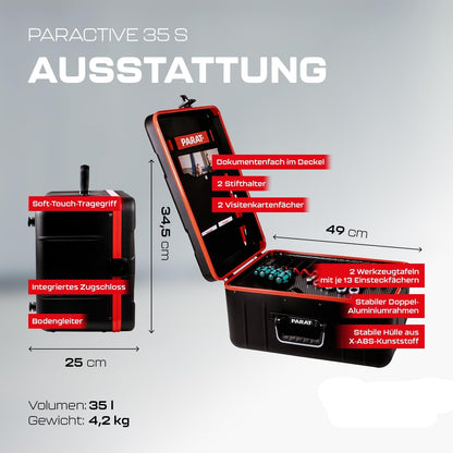 PARAT PARACTIVE 35 S Gereedschapskoffer, leeg, 35 liter, design-gereedschapskoffer met aluminium frame en XL-bodemschaal, hoogwaardige gereedschapskoffer met nylon vakken en documentenvak, robuust en