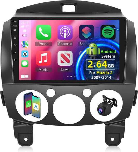 [2+64G]Android 13 Autoradio voor Mazda 2 2007-2014 met Wireless Carplay & Android Auto - 9 Inch Touchscreen Autoradio met WiFi GPS Mirror Link DSP FM/RDS Radio SWC + AHD Achteruitrijcamera