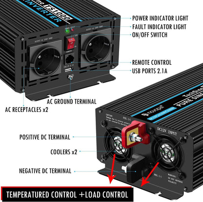 <font dir="auto" style="vertical-align: inherit;"><font dir="auto" style="vertical-align: inherit;">        NOVOPAL 1000W Inverter 12V to 230V Pure Sine Wave Voltage Converter with 2.1A USB & 5-meter remote control and two cooling fans        </font></fon