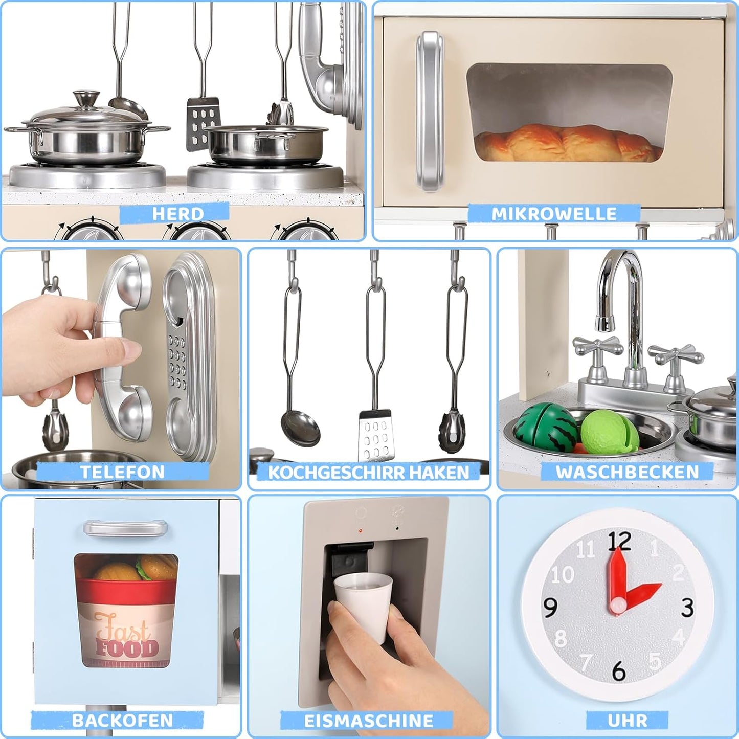 Speelkeuken - Speelgoedkeuken - Keukenset - met Casten - RVS Pot - Keukengerei - voor 3-6 jaar - Peuters - Solide Structuur - Oneindige Verbeelding - Educatieve Waarde - Leuke Interactie - Hout - 74 x 29 x 81.5 cm - Blauw