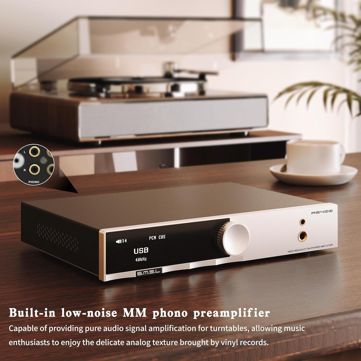 SMSL AS400 versterker DAC hoofdtelefoonversterker 165 W x2 2.1 kanalen MA5332MS MM Phono Amp Bluetooth 5.1 CS43131 MQA CD DAC voorversterker 4,4 mm / 6,35 mm RCA/BT/USB/Opt/Coax/Phono