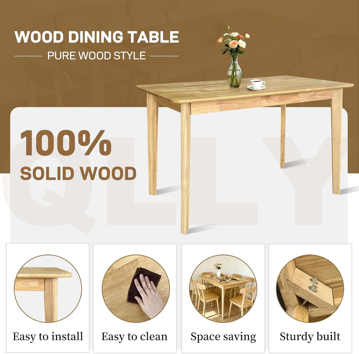 QLLY Rechthoekige eettafel van massief hout, rubberboom, eenvoudige montage, 120 cm