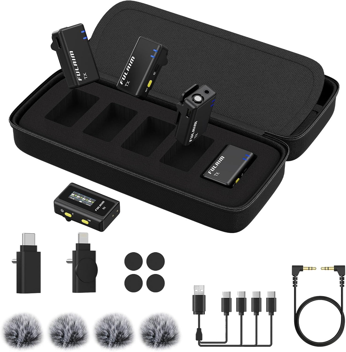 FULAIM X6 Compact, Draadloos Digitaal Microfoonsysteem voor 4 Personen, voor Camera's en Smartphones (2,4 GHz) - Ideaal voor Interviews, Vlogging, Podcasts, Online Lessen, Live Streaming