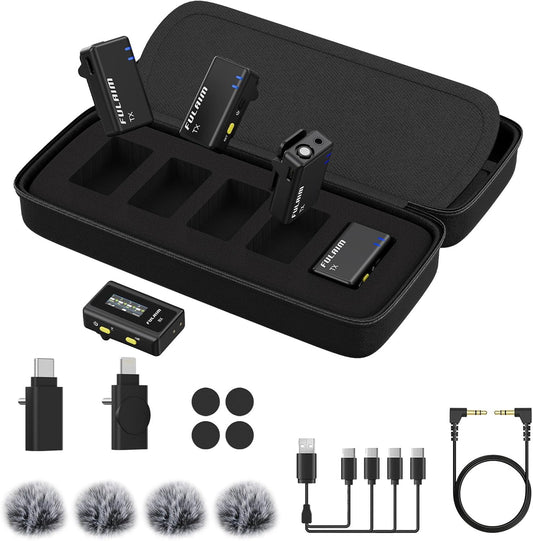 FULAIM X6 Compact, Draadloos Digitaal Microfoonsysteem voor 4 Personen, voor Camera's en Smartphones (2,4 GHz) - Ideaal voor Interviews, Vlogging, Podcasts, Online Lessen, Live Streaming