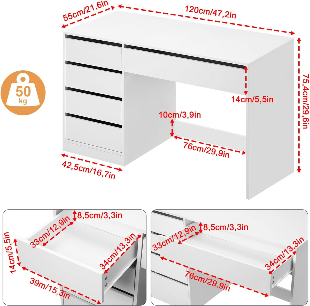 eSituro Makeup Table White with 5 Drawers Without Mirror, Desk, Computer Table with Storage Space, Vanity Dressing Table, Desk Table for Teenage Room and Bedroom, 120 x 55 cm - QUORE