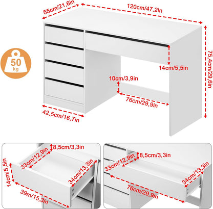 eSituro Makeup Table White with 5 Drawers Without Mirror, Desk, Computer Table with Storage Space, Vanity Dressing Table, Desk Table for Teenage Room and Bedroom, 120 x 55 cm - QUORE