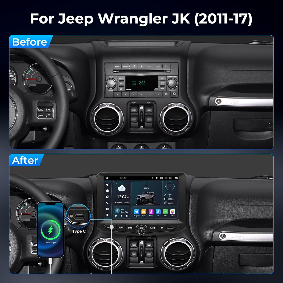 SWTNVIN 9 inch autoradio voor Jeep Wrangler JK 2011 2012 2013 2014 2015 2016 2017, Android 14 GPS 1280x720P IPS QLED-scherm, CarPlay & Android Auto, 4G LTE/5G WiFi, DTS, Octa-Core 4 + 6 GB