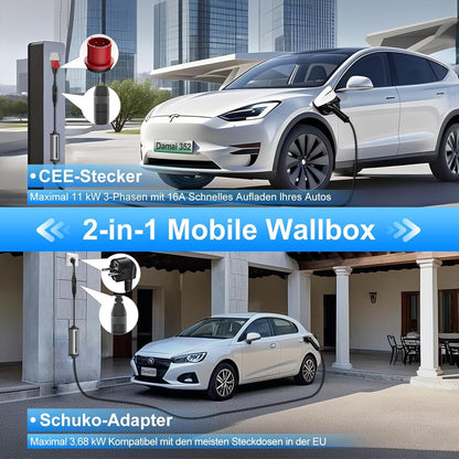 GONEO Mobile Wallbox 11 kW laadstation, 3-fasig, 8-16 A instelbaar, met timer 2-8 uur, oplaadkabel type 2 naar CEE-stekker en Schuko stekker (7 m), IP66 bescherming, EV oplader voor model Y/3 en