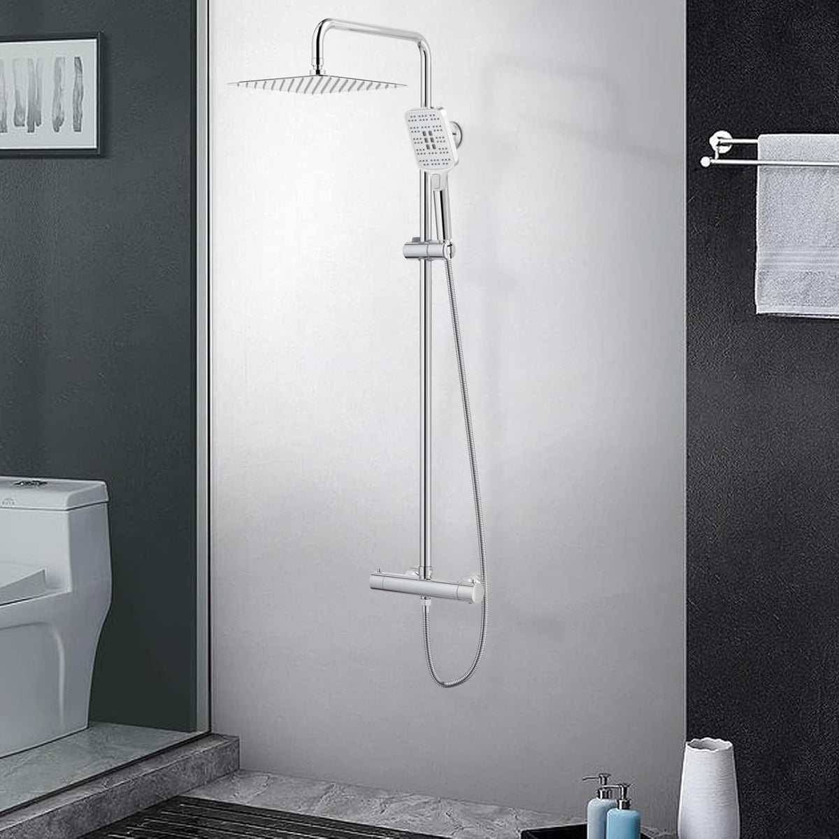 Doucheset – Douchekop – Regendouche – Douchesysteem – Thermostaatkraan – Vierkante Regendouche 25x25 cm – Roestvrijstalen Douchestang Verstelbaar 92-126 cm