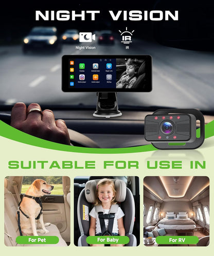 Dual Baby Car Camera for 2 Children with 6.86 Inch Split Screen HD 720P with Carplay Android Car, 360° Rotatable Night Vision, Safety Car Seat Mirror Camera, Suction Cup Holder, 64G SD - QUORE