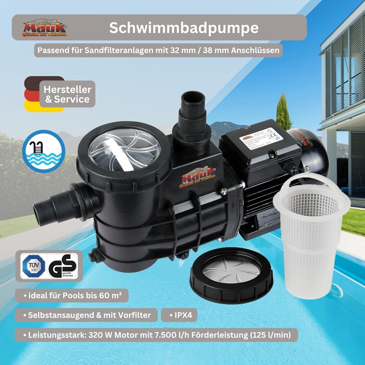 Mauk 1622 zwembadpomp, 7500 l/h 320 W