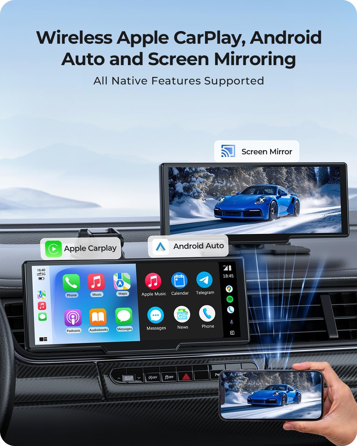 9.26" Draadloze Draagbare Car Play-scherm met 4K Voor- & HD Achter Dual Dash Cam voor Apple CarPlay & Android Auto met OTA Updates, Mirror Link, 5.0 Bluetooth, Spraakbediening, GPS Navigatie