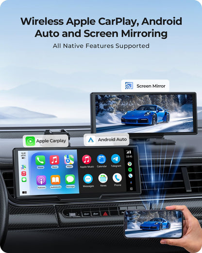 9.26" Draadloze Draagbare Car Play-scherm met 4K Voor- & HD Achter Dual Dash Cam voor Apple CarPlay & Android Auto met OTA Updates, Mirror Link, 5.0 Bluetooth, Spraakbediening, GPS Navigatie