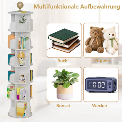 tonchean Boekenkast, 6-traps draaibaar, 360 graden draaibaar, boekenkast, opbergrek, multifunctioneel staand rek, opbergrek, roterende boekenplank, wit, voor slaapkamer, kinderkamer, woonkamer