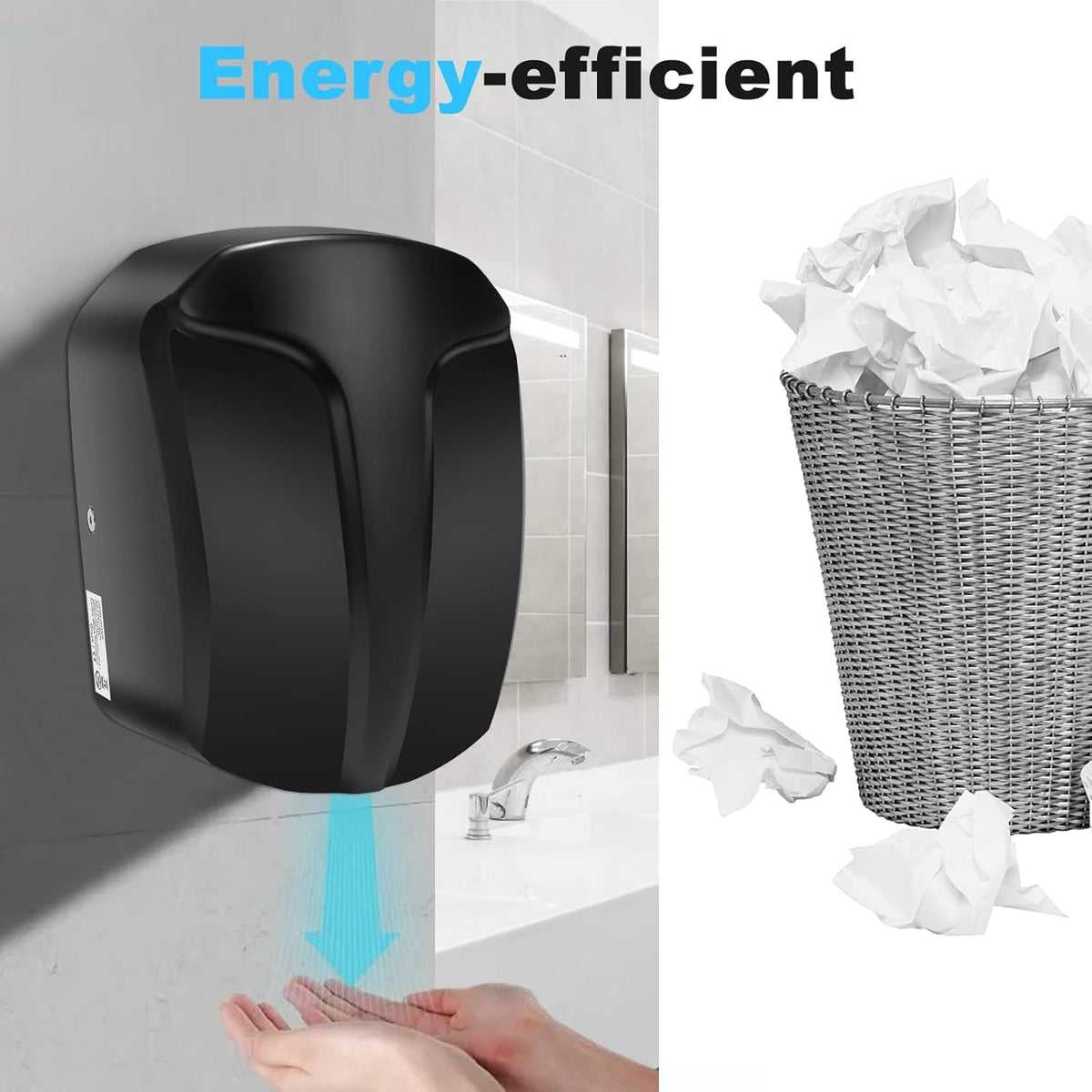 QL Elektrische Handdroger Automatische 1150W,Roestvrij Staal met HEPA-filter voor Badkamer, Commercieel,Zwart