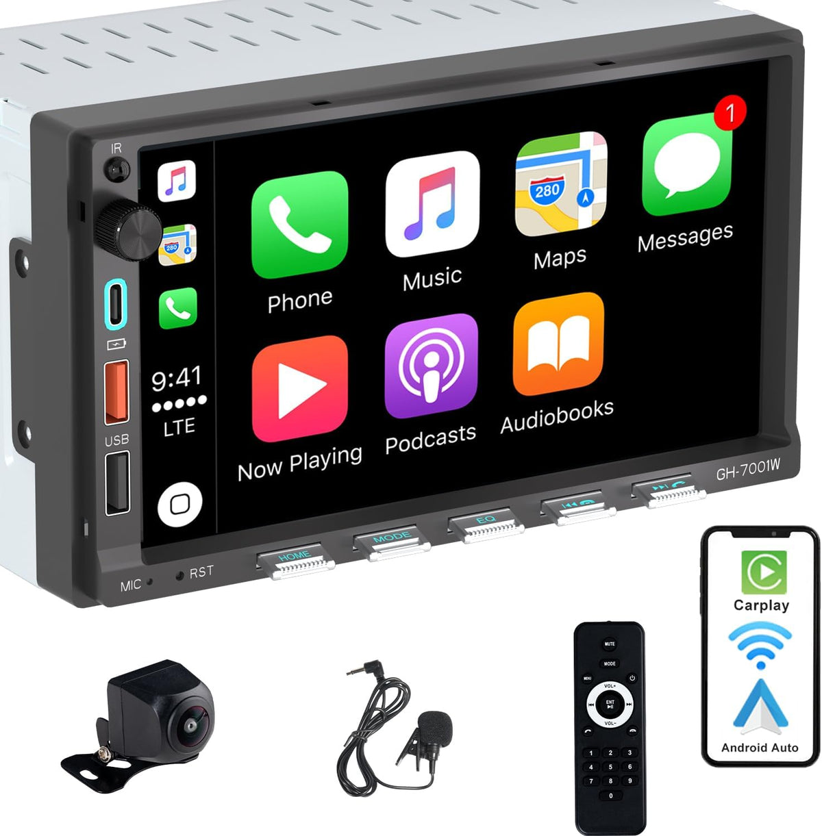 Autoradio 2 DIN Bluetooth met 7" scherm Touchscreen, Compatibel met Apple CarPlay [Wireless] Android Auto Achteruitrijcamera AM/FM/RDS Radio Type-C USB 3A snel opladen
