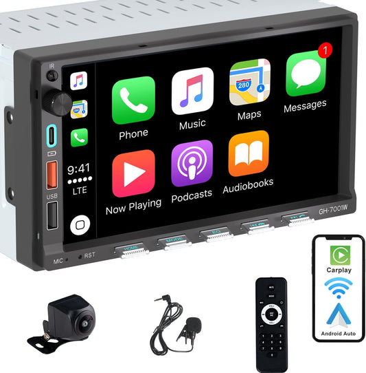 Autoradio 2 DIN Bluetooth met 7" scherm Touchscreen, Compatibel met Apple CarPlay [Wireless] Android Auto Achteruitrijcamera AM/FM/RDS Radio Type-C USB 3A snel opladen