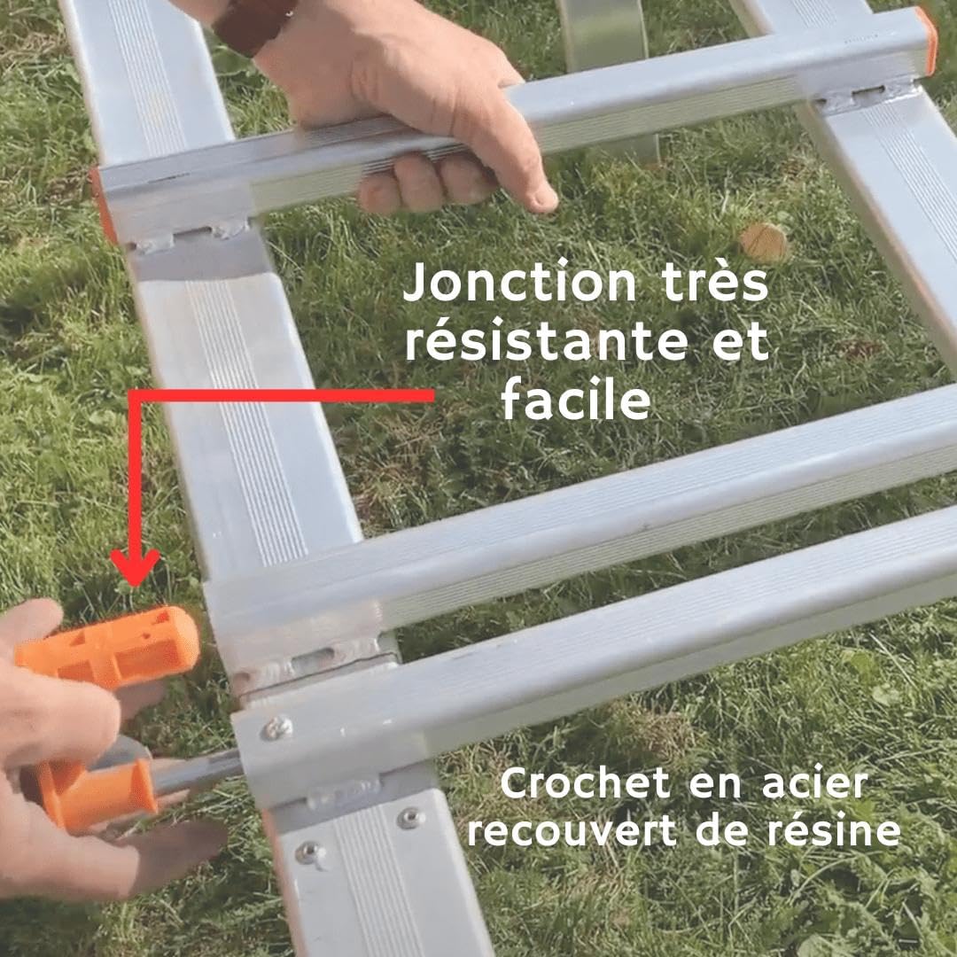 Dakladder, lengte 4,65 m, eenvoudig te installeren, 2 verlengingen van 2,00 m + 1 haak van 0,65 m, met wielen 120 mm, volledig van aluminium, zeer licht, 12 kg, belastbaarheid tot 150 kg