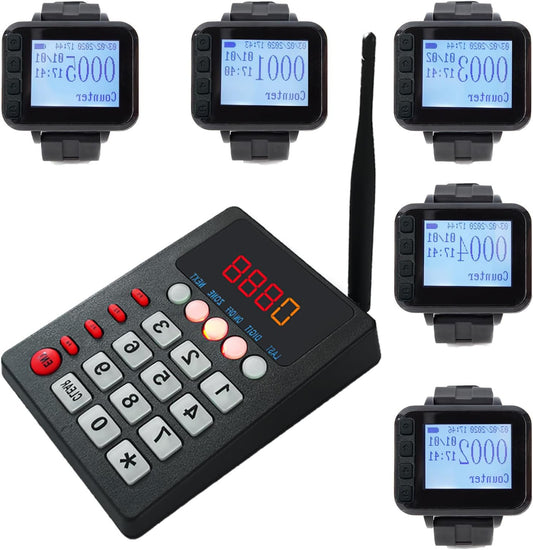 Restaurant Pager System with 1 Call Keypad and 5 Watch Display Receiver, Wireless Calling System, Suitable for Kitchen Paging Waiter, Cook Press to Call Waiter to Take Dishes - QUORE