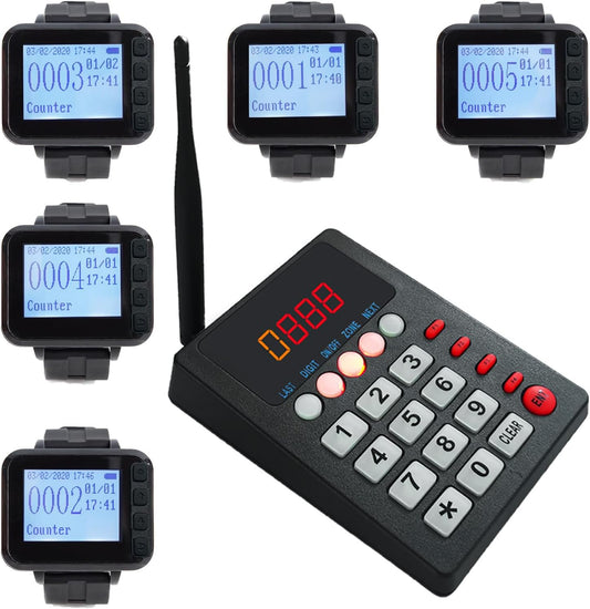 Restaurant Pager Systeem met 1 Call Keypad en 5 Watch Display Receiver, Wireless Calling System, Geschikt voor Keuken Paging Ober, Cook Druk om Oproep Ober om gerechten te nemen