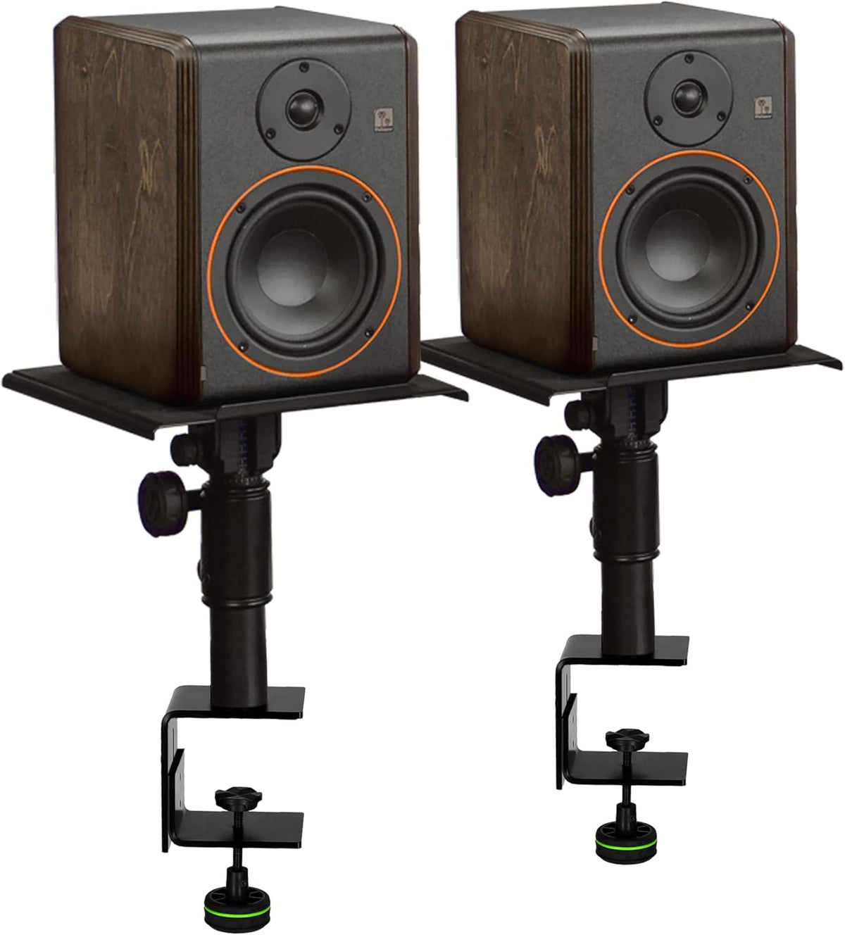 Palmer STUDIMON5 actieve 5 inch Needveld Studiomonitoren (2x) en Gravity SP3102TM Monitorstandaard met tafelklem (2x) - Bundle, Zwart