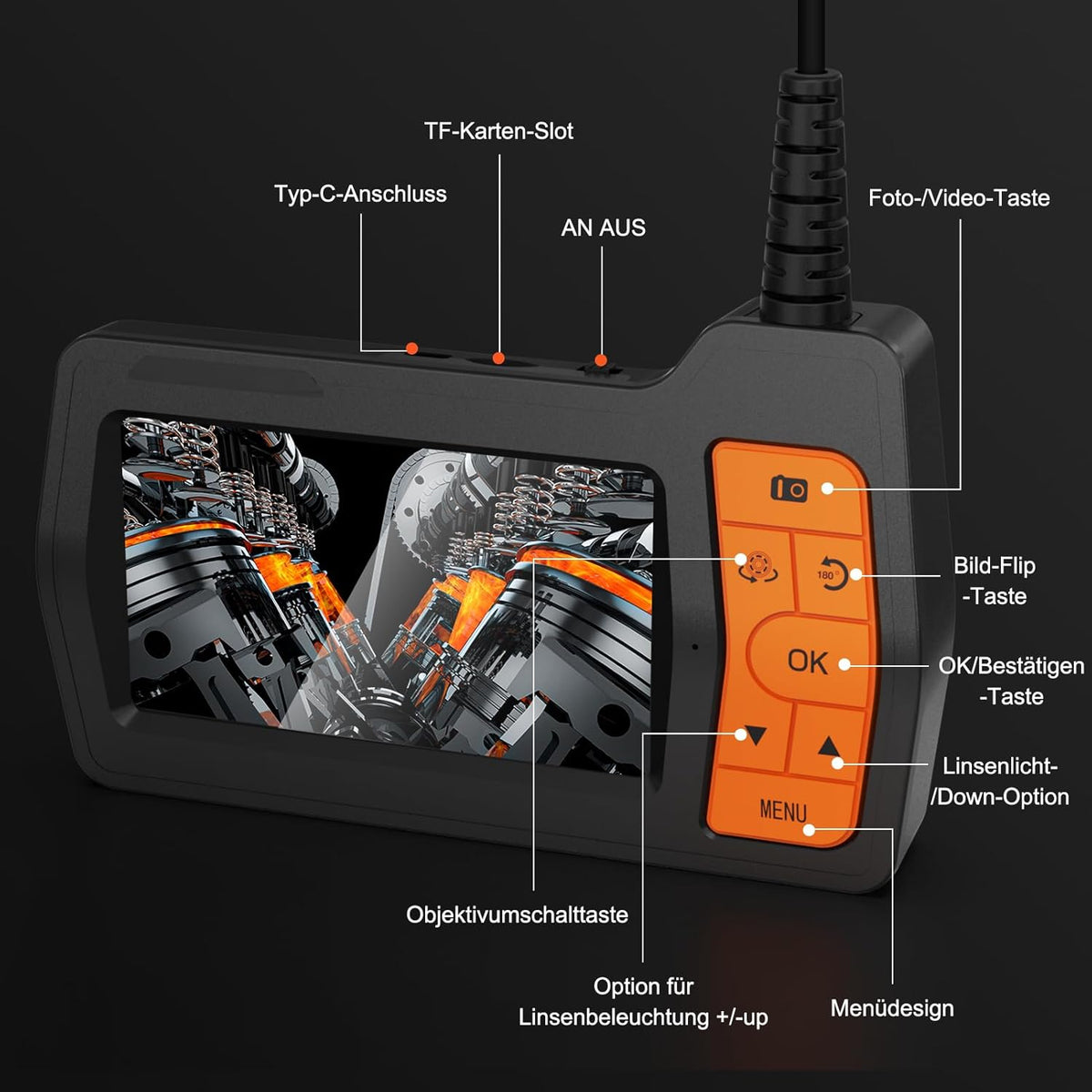 Endoscoopcamera met drie lenzen, 15 m, 5 inch IPS-scherm, 8 mm slangencamera, HD 1080p digitale inspectiecamera, IP67 waterdicht, buiscamera met vette kabel, 32 GB