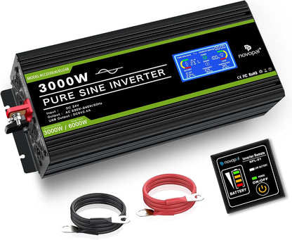 NOVOPAL 3000W omvormer 24V naar 230V - 2AC stopcontacten spanningsomvormer puur sinus beeldscherm LCD met een USB-poort - 5 meter afstandsbediening en twee koelventilatoren voor RV Truck Boat