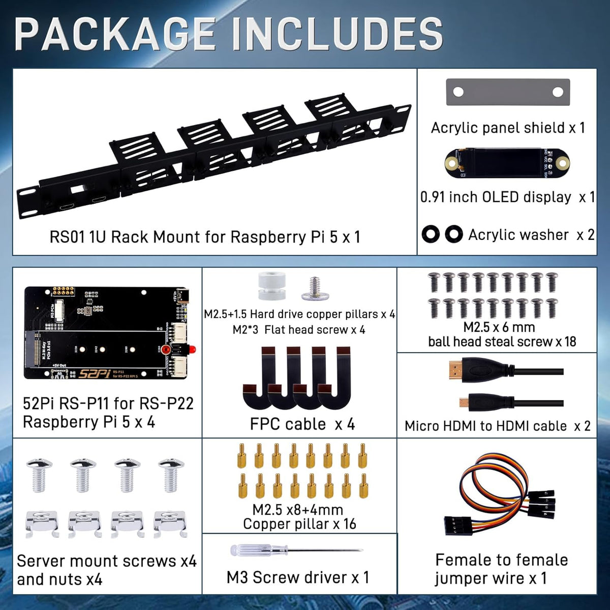 GeeekPi 19" 1U rackmontage voor Raspberry Pi 5, met 4 stuks PCIe naar M.2 NVMe SSD-adapters en OLED-scherm, compatibel met 19 inch serverrek