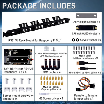 GeeekPi 19" 1U rackmontage voor Raspberry Pi 5, met 4 stuks PCIe naar M.2 NVMe SSD-adapters en OLED-scherm, compatibel met 19 inch serverrek