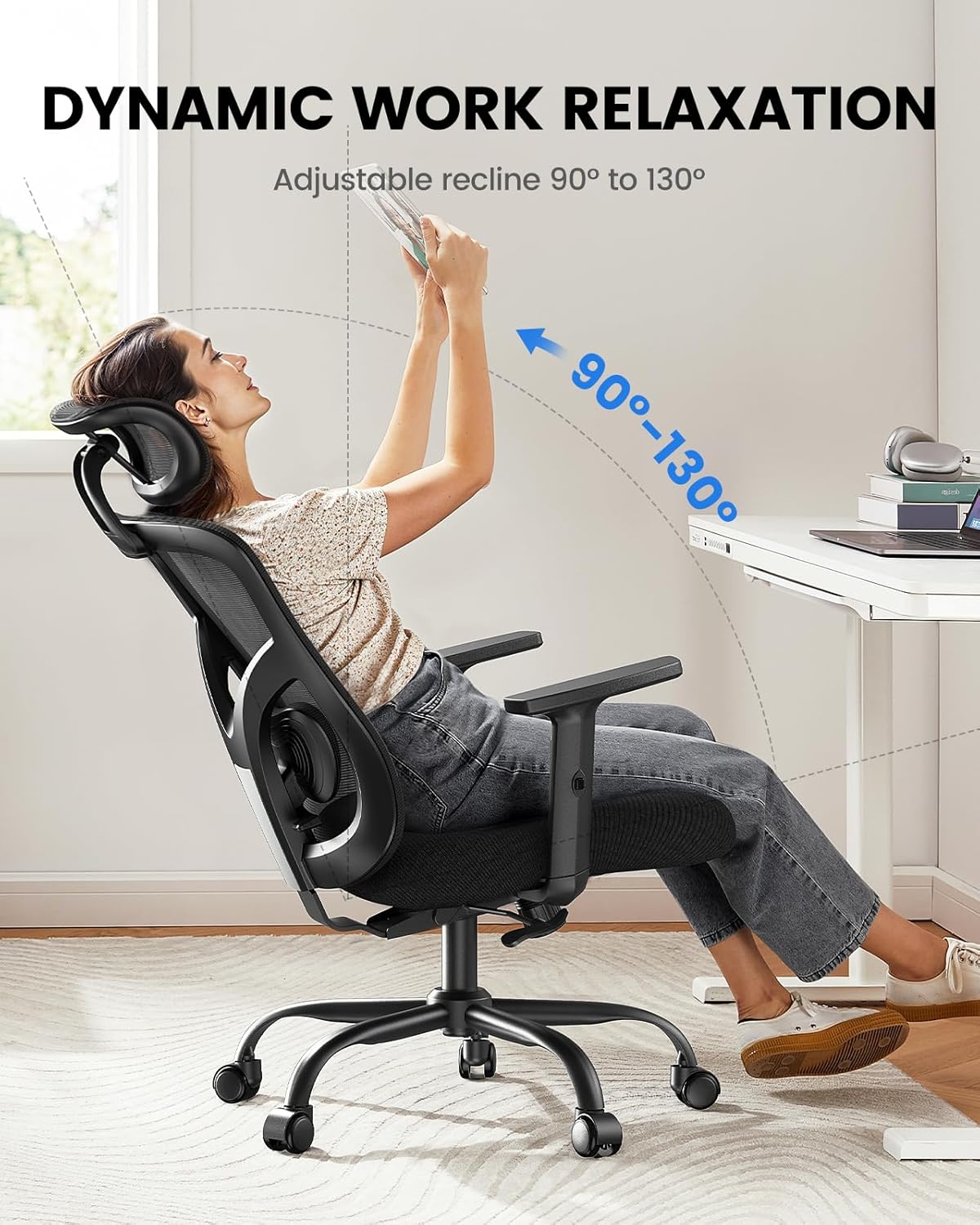 Ergonomische bureaustoel – Bureaustoel kantoor – Bureaustoel thuiswerken – Bureaustoel met hoofdsteun – Zwarte bureaustoel – Verstelbare lendensteun – Ademend mesh materiaal