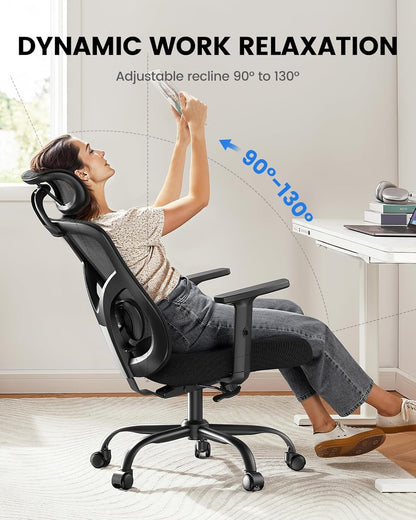Ergonomische bureaustoel – Bureaustoel kantoor – Bureaustoel thuiswerken – Bureaustoel met hoofdsteun – Zwarte bureaustoel – Verstelbare lendensteun – Ademend mesh materiaal