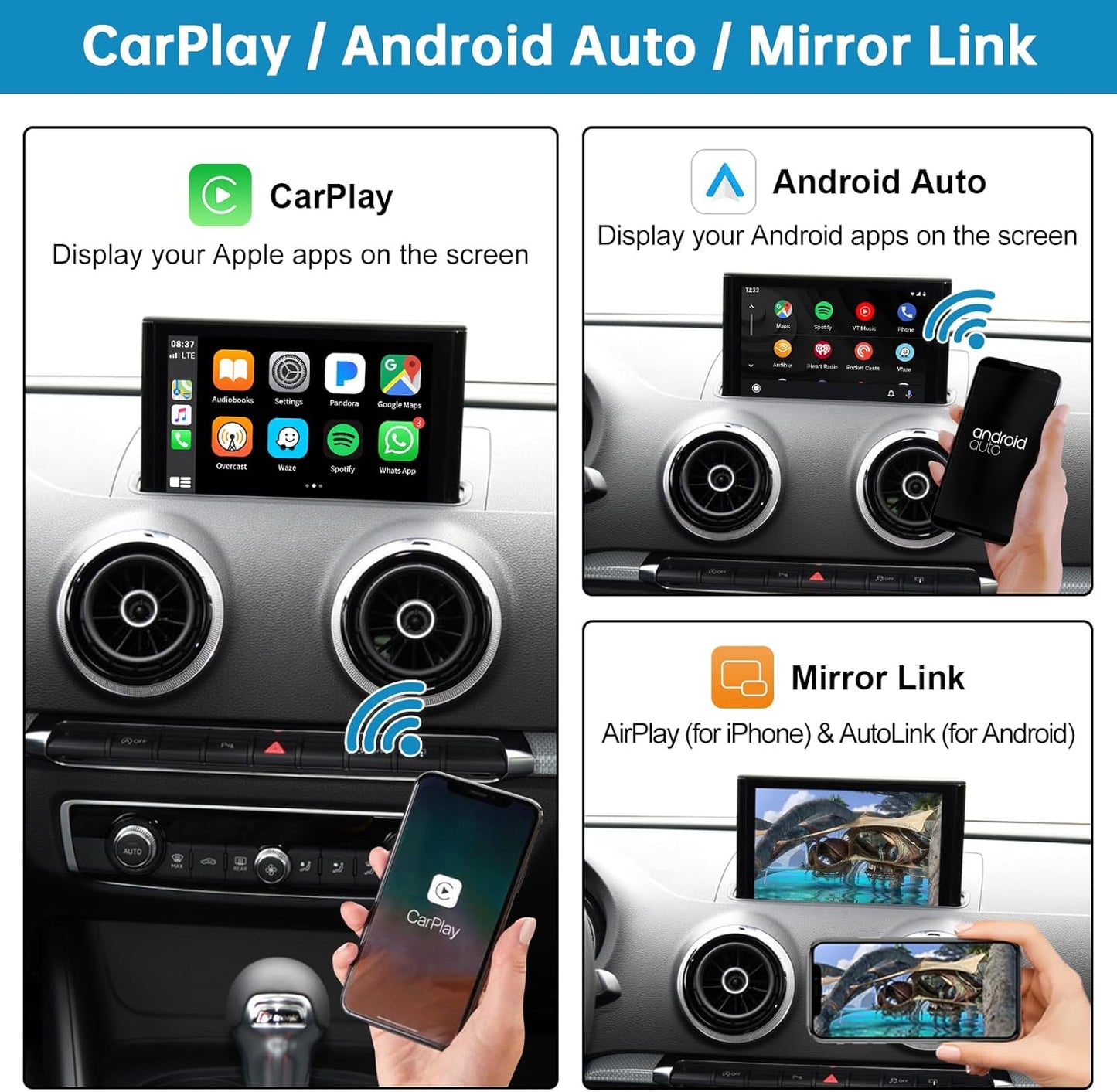 Retrofit Kit Decoder met Wireless CarPlay & Android Auto voor Audi A3/S3 2013-2018, Ondersteuning Mimrorlink, Youtube, GPS Achteruitrijcamera, Siri