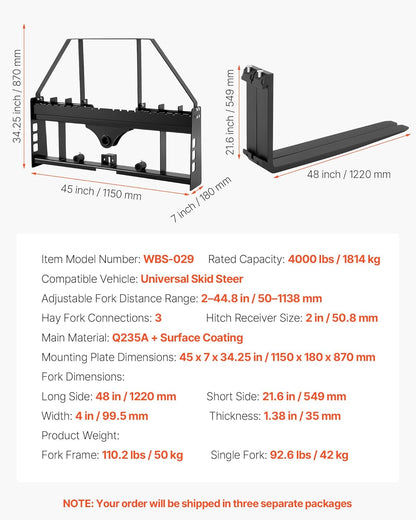 VEVOR Snelle bevestiging, 1814 kg, palletvorkframe met 122 cm palletvorken, vorkheftruckmessen, 50,8 mm trekhaak en speerhulzen, geschikt voor compacte lader, tractoren