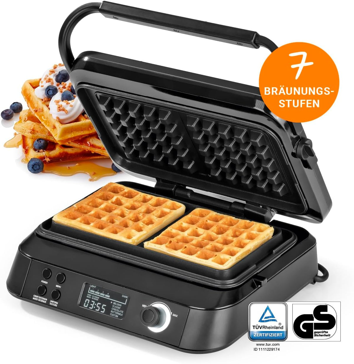 Premium Wafelijzer in de Midnight Edition | 1600 W | 5 programma's | 7 bruiningsniveaus | LCD display | countdown timer | extra diepe verwarmingsplaten voor extra luchtige wafels