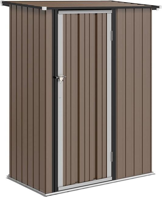 Outsunny Metalen Tuinschuur 1,07 m² 142 x 84 x 189 cm Tuinschuur met Schuin Dak Afsluitbare Deur, Weerbestendig Tuinhuis Buitenopslag voor Achtertuin Bruin - QUORE