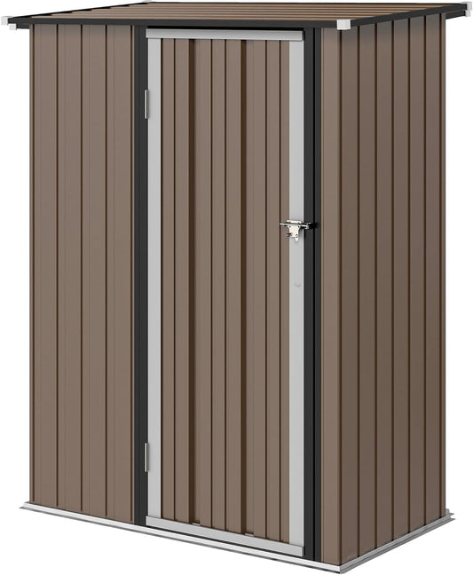 Outsunny Metal Garden Shed 1.07m2 142 x 84 x 189cm Garden Shed with Pitched Roof Lockable Door, Weatherproof Garden House Outdoor Storage for Backyard Brown - QUORE