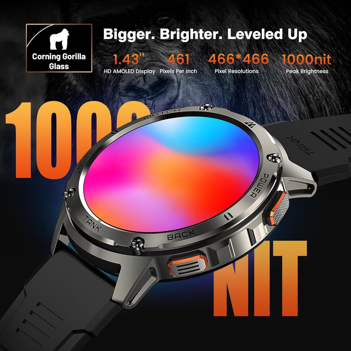 KOSPET Tank T3 Smartwatch voor heren, 60 dagen acculatie, 50 m waterdicht, militair getest, volledig metalen behuizing, 1,43 inch AMOLED