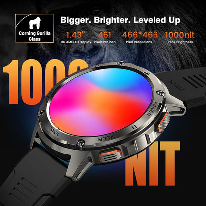 KOSPET Tank T3 Smartwatch voor heren, 60 dagen acculatie, 50 m waterdicht, militair getest, volledig metalen behuizing, 1,43 inch AMOLED