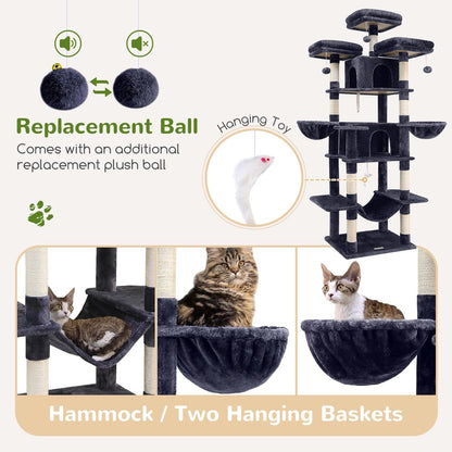 Kattenkrabpaal XXL – Krabmeubel – Kattenboom – Krabpaal – Speelmeubel – Extra Hoog 204 cm – Zachte Pluche Bekleding – 3 Afneembare Zitstokken – 2 Kattenhuisjes – Donkergrijs