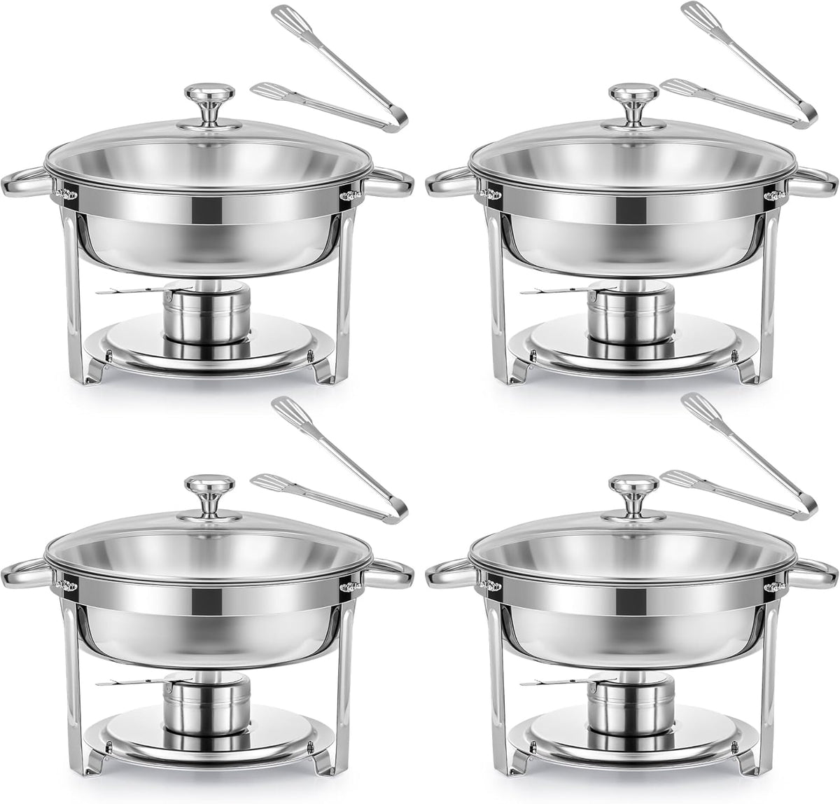 Wilprep Chafing dish rond met glazen deksel, Buffet set van 4, RVS voedselwarmer kit 5,5 liter, Bain Marie met brandpasta houder, voor partijen buffetten banketten diners