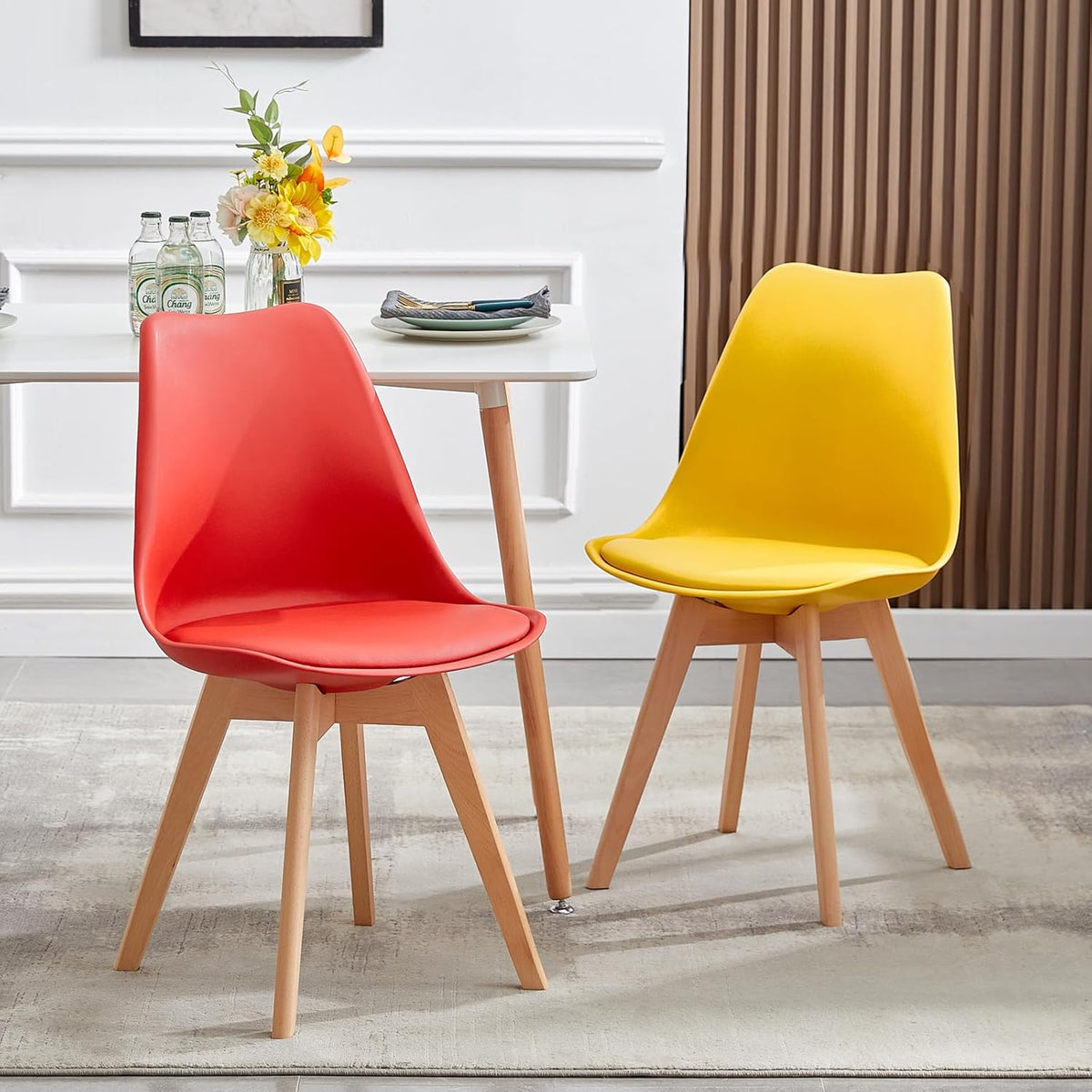 EGGREE 4er Set Esszimmerstühle Gewerbstoel met massief hout Beek Been SGS Gecontroleerd Scandinavisch Design Gepolsterde stoel Keukenstoel Hout, Gel + Rood + Mintgroen + Türkis