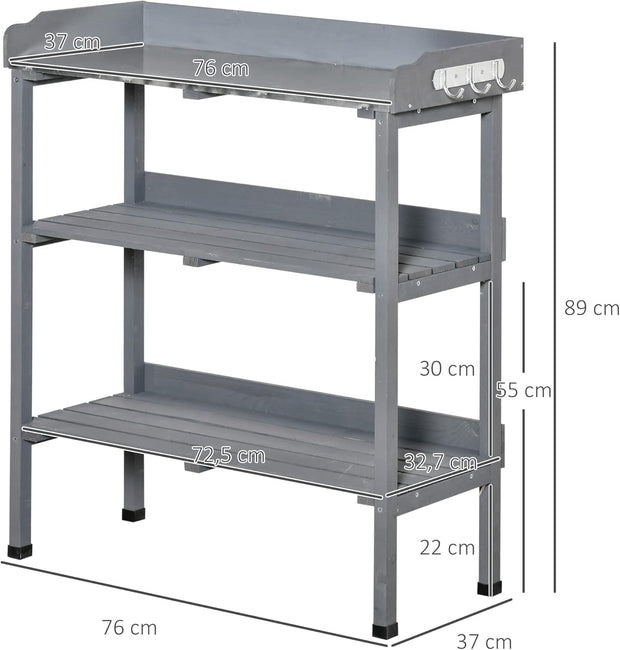 Oppottafel - Tuinwerktafel - Plantentafel -Tuinwerkbankje - met Metalen Haken - Schuiflade - 2 Niveaus - Bloementafel - voor Tuin - Sparrenhout -76 x 37 x 89 cm - Grijs