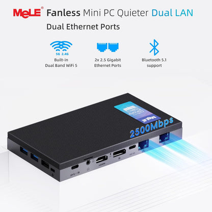 MeLE QuieterDL Fanless Mini PC 2.5Gb Dual LAN Twin Lake N150 (tot 3.6GHz) 4GB DDR4 128GB ROM Windows 11 Home Micro PC USB-C HDMI2.0+DP1.4 Drievoudig beeldscherm Desktop Computers