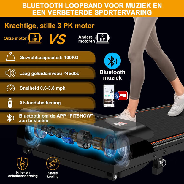 Loopband - Elektrische Loopband - Walking Pad - Inklapbaar - met Helling - Ruimtebesparend - 3.0 pk - Bluetooth-Audio - App - Afstandsbediening - LED-display - Instelbare Snelheid - 1-6 km/u - 12 x 49 x 120 cm - Zwart